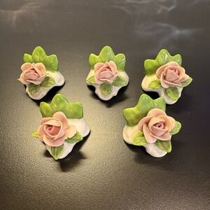 5 Vintage Dresden Porcelain Roses Placecard Holders‎ Light Pink Beautiful